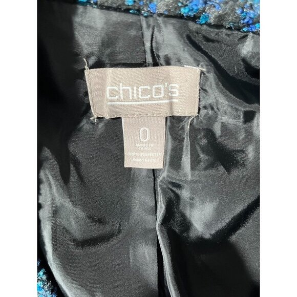 Chicos Ladies Black Jacket with Blue Accent, Leather Trim, Open Front Size 0 - Picture 9 of 9